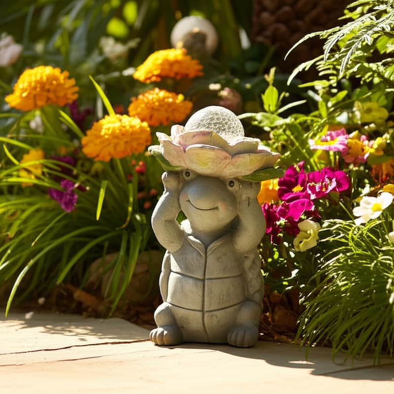 Magnesia Garden Statuary Turtle with Flower and Globe Light - 15" Gray