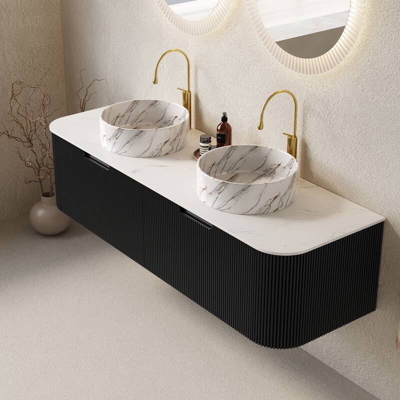GDFStudio - Dina 60" Curved Edges Striped Bathroom Vanity with 2 White Stone Ceramic Basins, 2 Drawers, NO Faucet