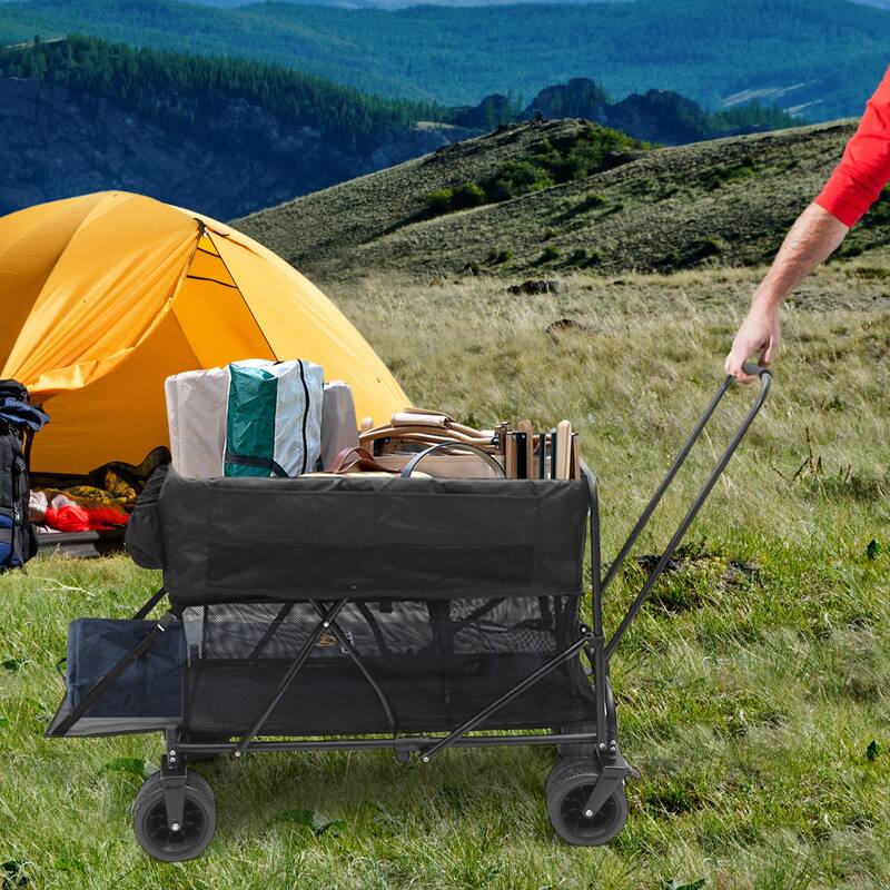 Collapsible Wagon, Wagon, Folding Wagon Heavy-Duty with Double Decker, All-Terrain Wheels, Tailgate, and 450lb Capacity
