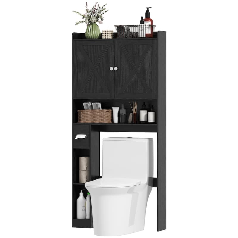 MDF Farmhouse Over Toilet Cabinet with Barn Doors and Adjustable Shelf - 32.1" W x 7.7" D x 67.7" H - Distressed Black