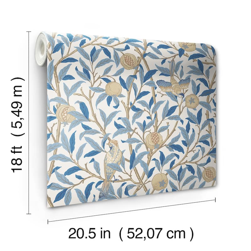 Bird and Pomegranate Woad Peel and Stick Wallpaper