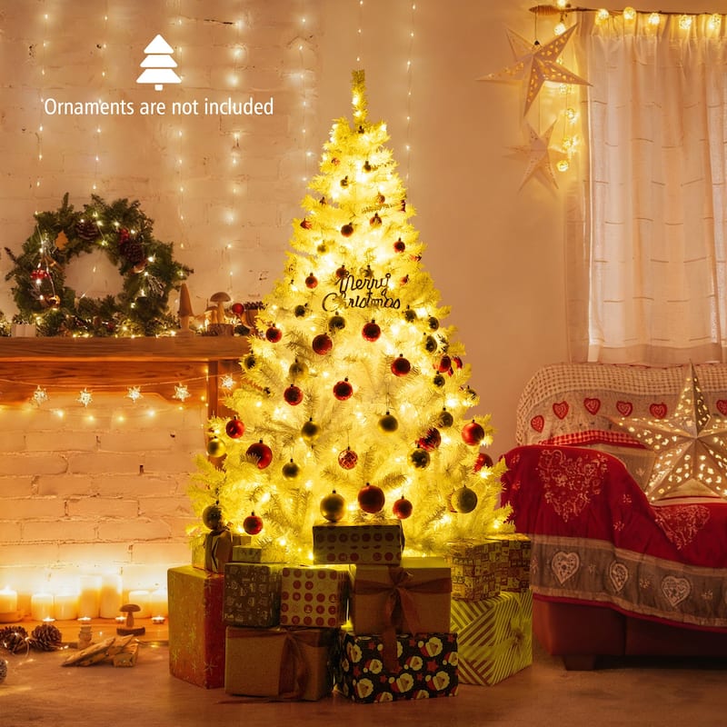 Pre-Lit White Christmas Tree with LED Lights and 11 Lighting Modes PVC Metal Holiday Tree with Stand