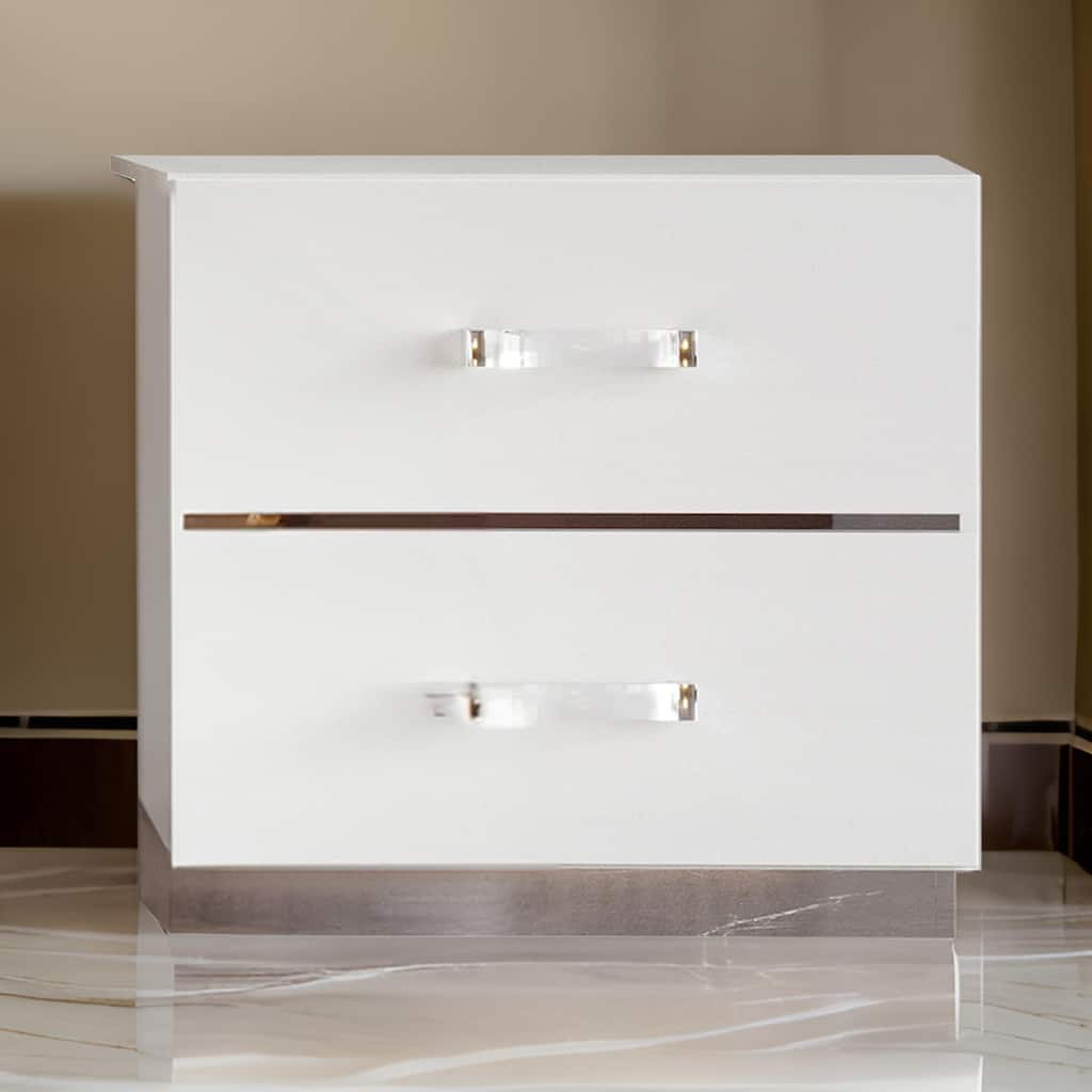 Ruo 25" Inch Modern Nightstand, 2 Drawers, Chrome Plinth Base, White Wood