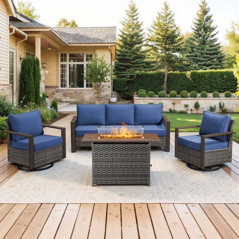 Meyreso Wicker Outdoor Patio Fire Pit Set with Swivel Gliders & 4.5" Olefin Cushions