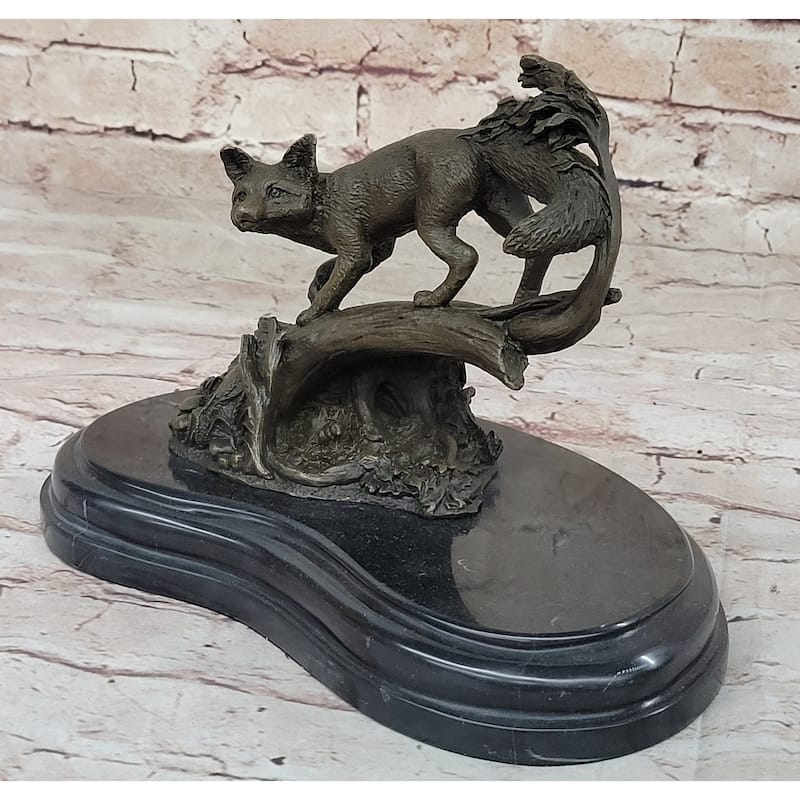 Hot Cast Bronze Imitative Fox On Tree Branch Wildlife Sculpture Statue Signed Original Art