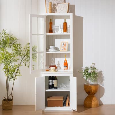 Pantry Cabinet with Glass Door & Lattice Window, Display Cabinets with Storage, Buffet with Adjustable Shelves