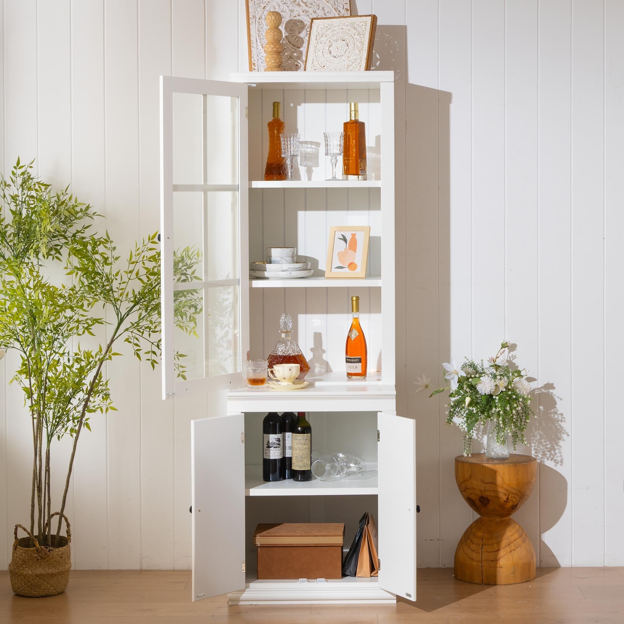 Pantry Cabinet with Glass Door & Lattice Window, Display Cabinets with Storage, Buffet with Adjustable Shelves