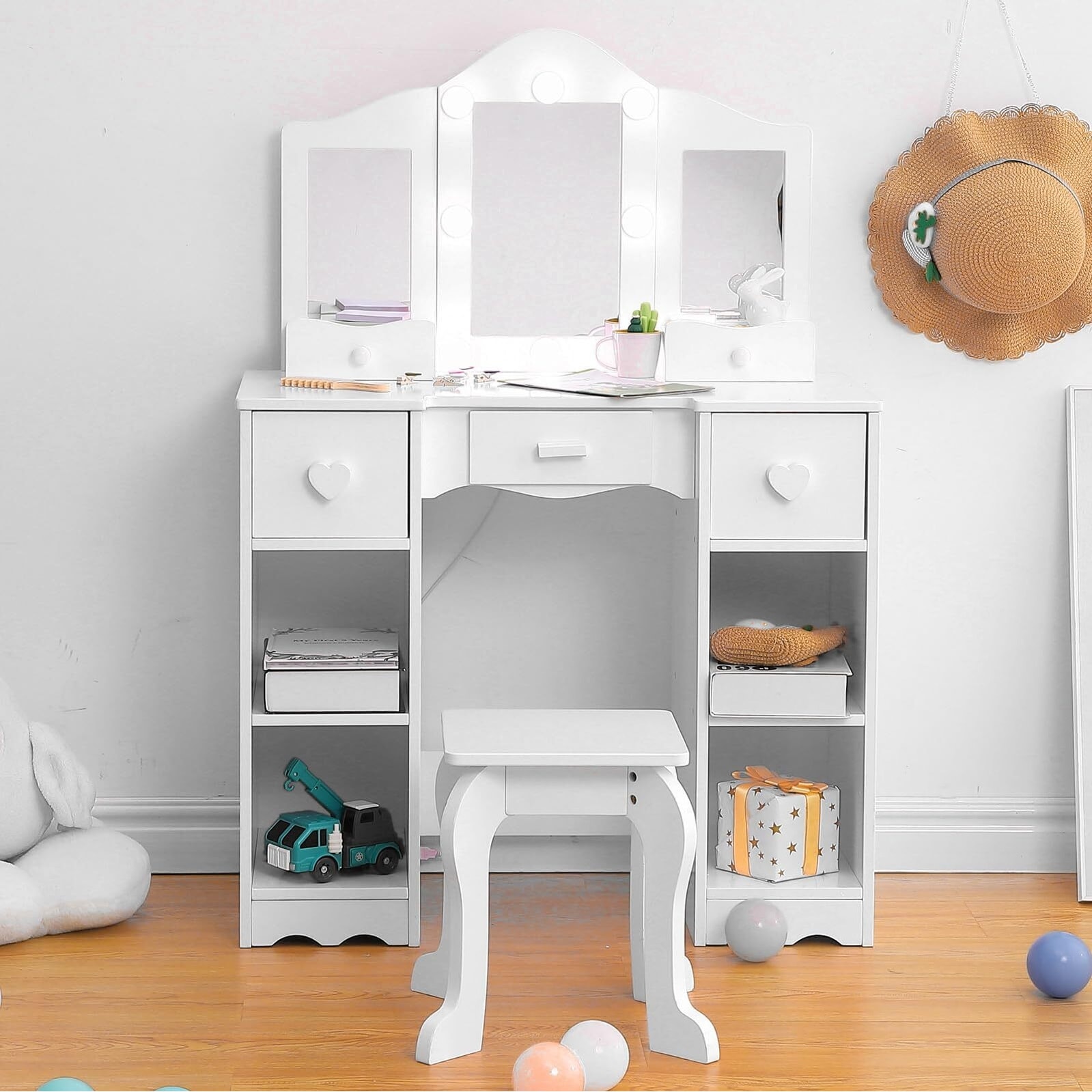Kids Vanity Girls Vanity Table with Mirror Pink