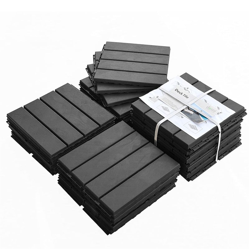 Patio Interlocking Deck Tiles, 12"x12"Square Composite Decking Tiles, Four Slat Plastic Outdoor Flooring Tile (Dark Grey;Brown)