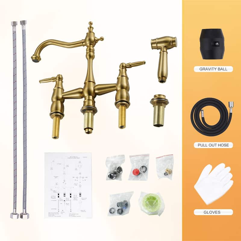 WOWOW 4 Hole Double Handle Bridge Kitchen Faucet with Side Sprayer