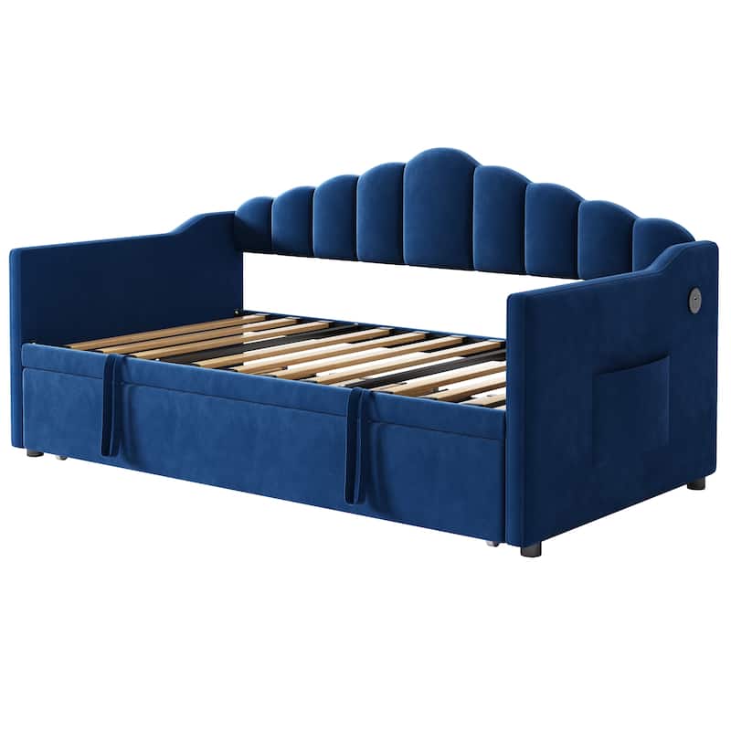 Upholstered Twin Size Daybed with Pop-Up Trundle and Charging Station