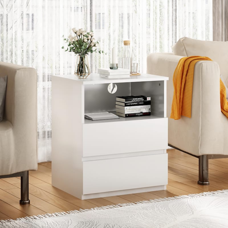 Nightstand with Charging Station, Sofa Side Table with Open Shelves & 2 Drawers, Large Capacity Wood Storage Cabinet