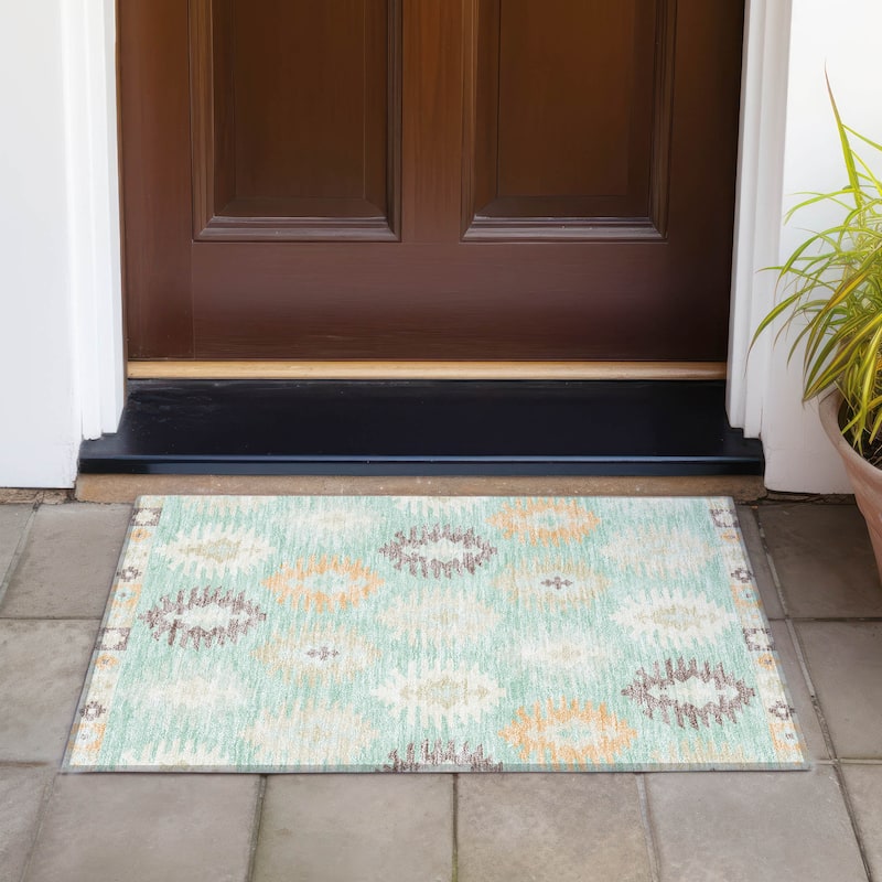 Machine Washable Indoor/ Outdoor Boho Tribal Chantille Rug - Mint - 1'8" x 2'6"