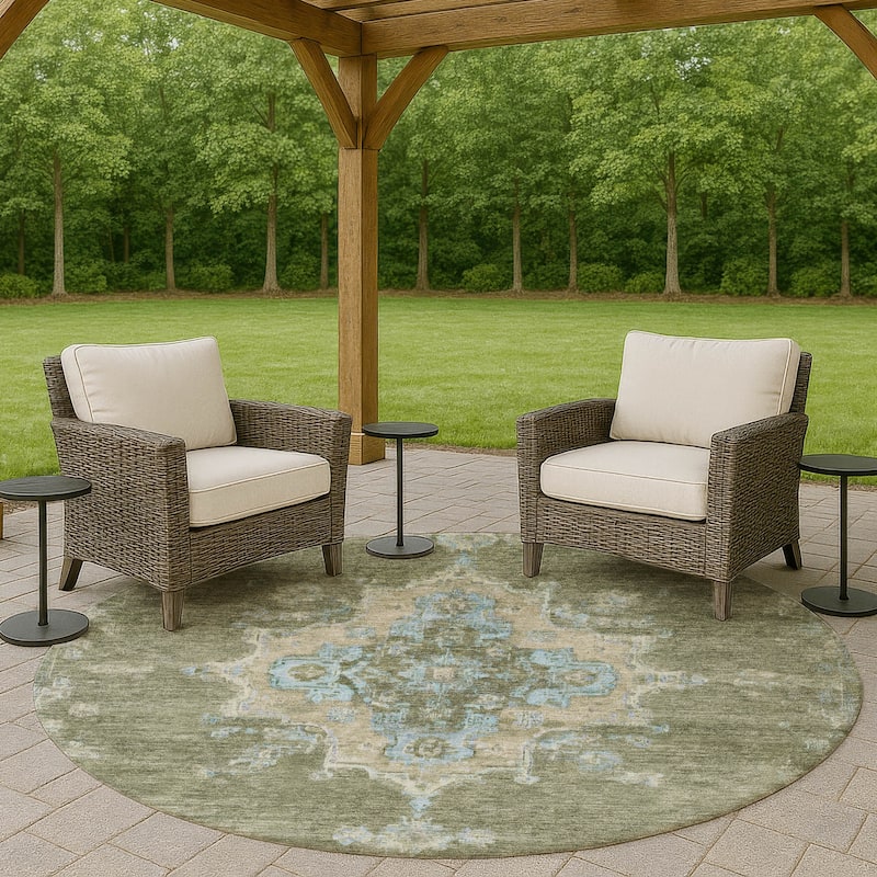 Machine Washable Indoor/ Outdoor Traditional Tabriz Chantille Rug - Basil - 8' x 8'