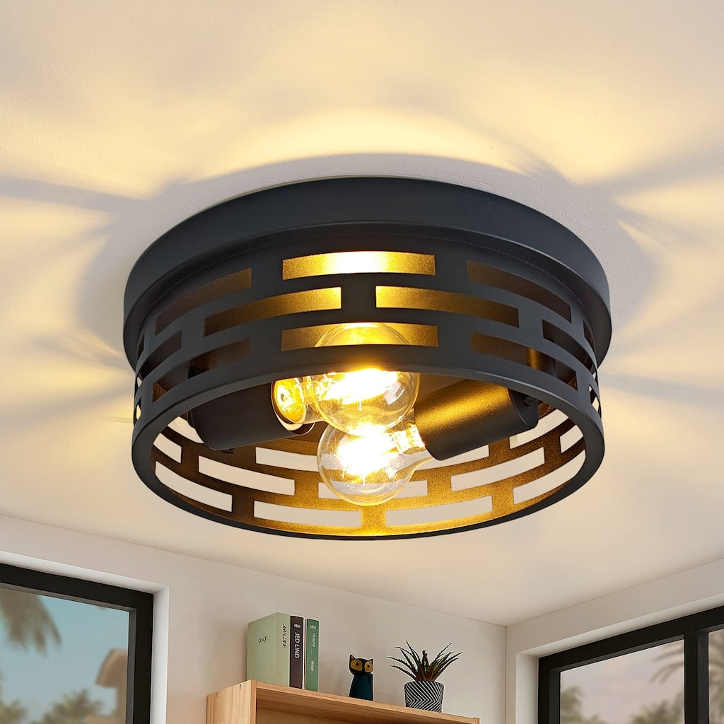 2-Light Industrial Flush Mount Ceiling Light, Black Metal Cage, E26 Base, Modern Farmhouse Lighting for Hallway, Bedroom