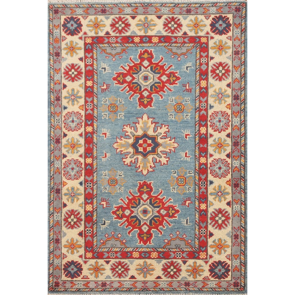 Light Blue Kazak Accent Rug Wool Carpet - 2'9" x 4'2"