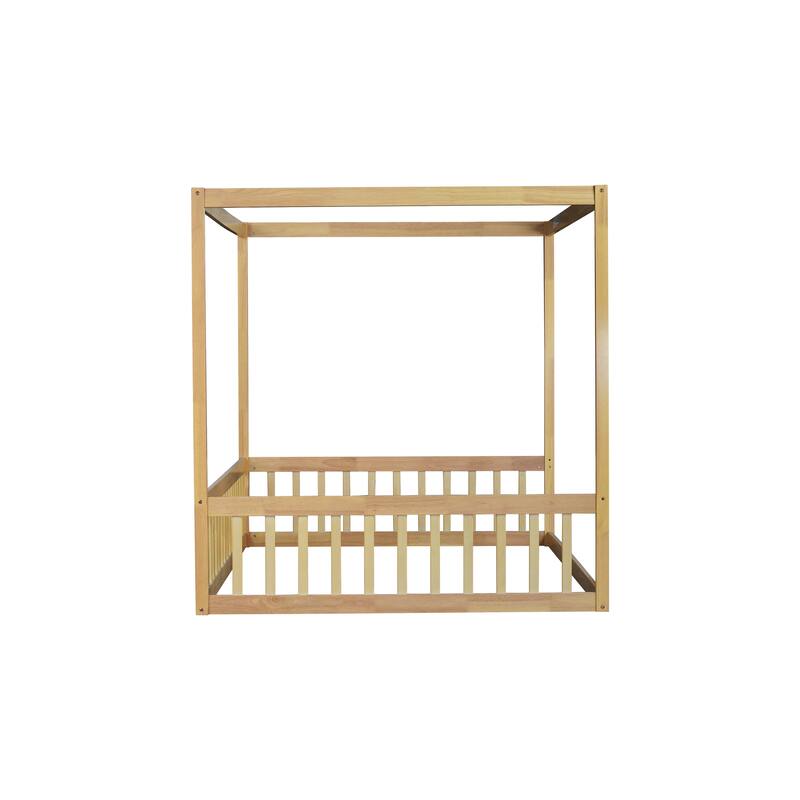 Full Size Canopy Frame Rubber Wood Floor Bed with Fence,Guardrails,Natural