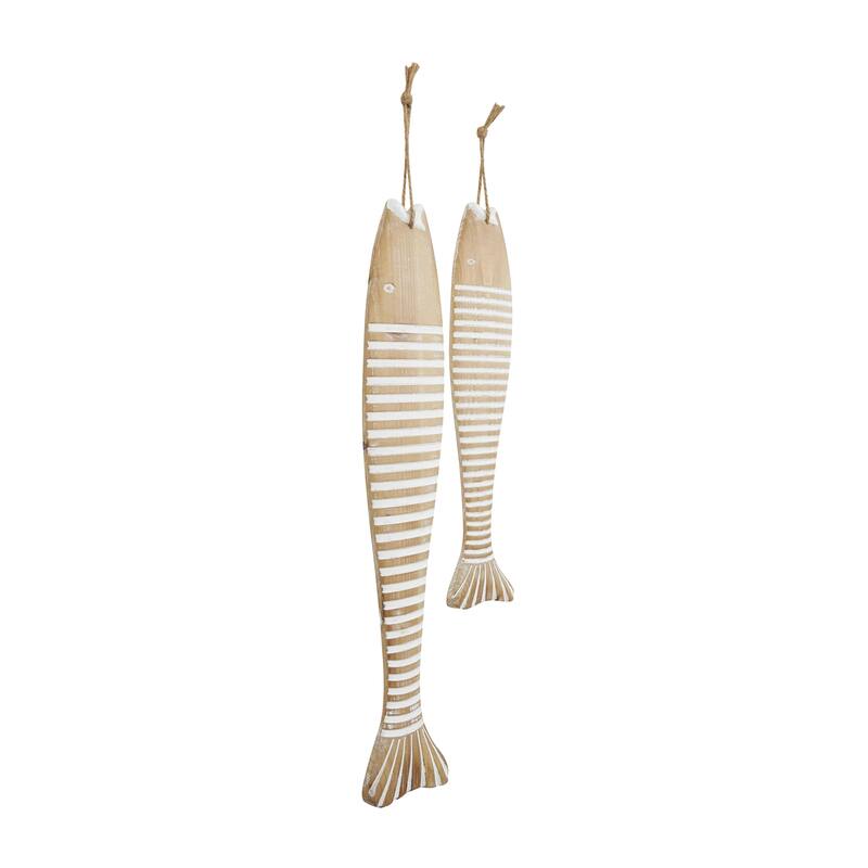 Wood Fish Home Wall Decor with White Stripes and Hanging Rope - Set of 2 Brown - Roche River Decor