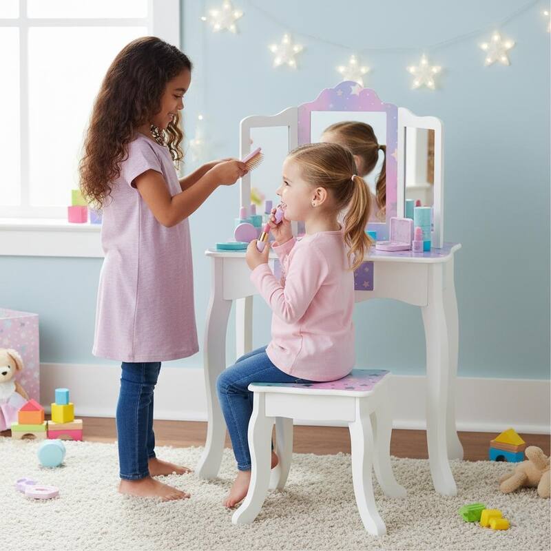 Teamson Kids Wooden Play Vanity Set with Tri-Fold Mirror, Storage Drawer and Stool, Kids Dressing Table for Girls Ages 3-5