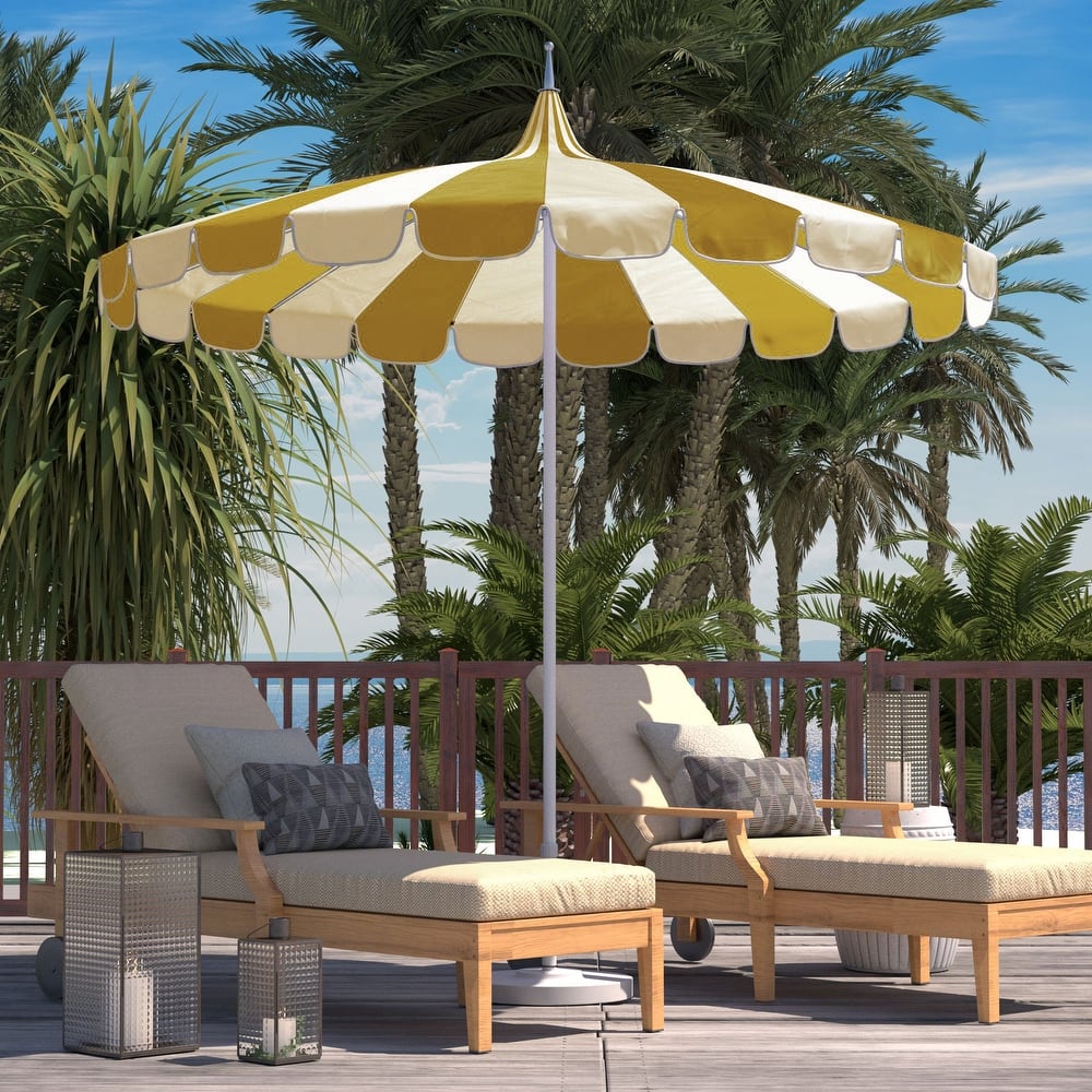 California Umbrella 8.5' Pagoda Series Patio Umbrella White Aluminum Pole Push Lift Sunbrella Natural and Pacific Blue
