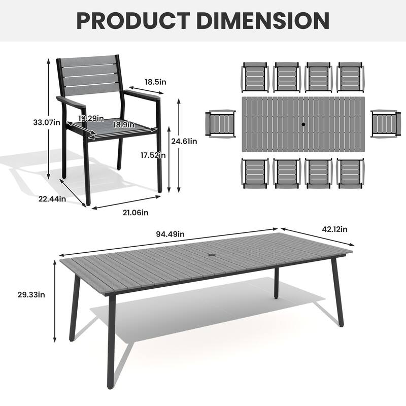 7/9/11-Piece Outdoor Dining Set Aluminum Dining Table with Umbrella Hole and Stackable Chairs