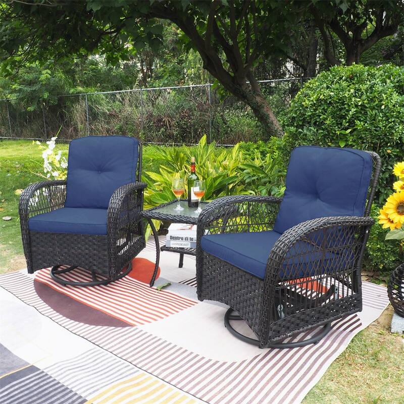 360-Degree Patio Wicker Swivel Rocker Chairs Set,w/Cushions and Table