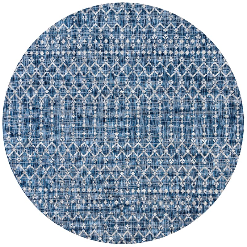 JONATHAN Y Trebol Moroccan Geometric Textured Weave Indoor/Outdoor Area Rug - 3' Round - Navy/Light Gray