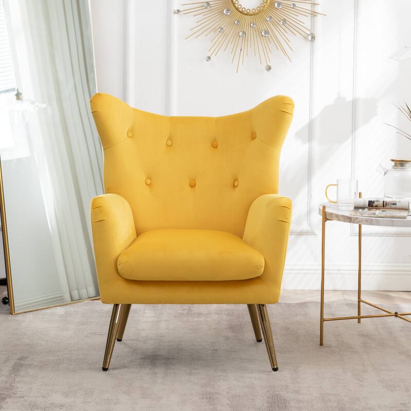 Velvet Upholstered Armchair Single Sofa Chair with Button Tufted Backrest, Yellow Dining Chair Office Chair with Metal Legs