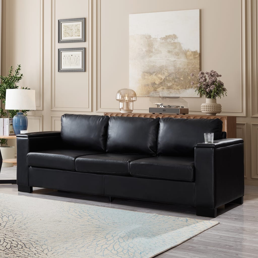 Faux Leather Upholstered Loveseat, Oversized 3 Seater Sofa with Square Arms, Deep Seat Sofa with Cup Holder & Storage