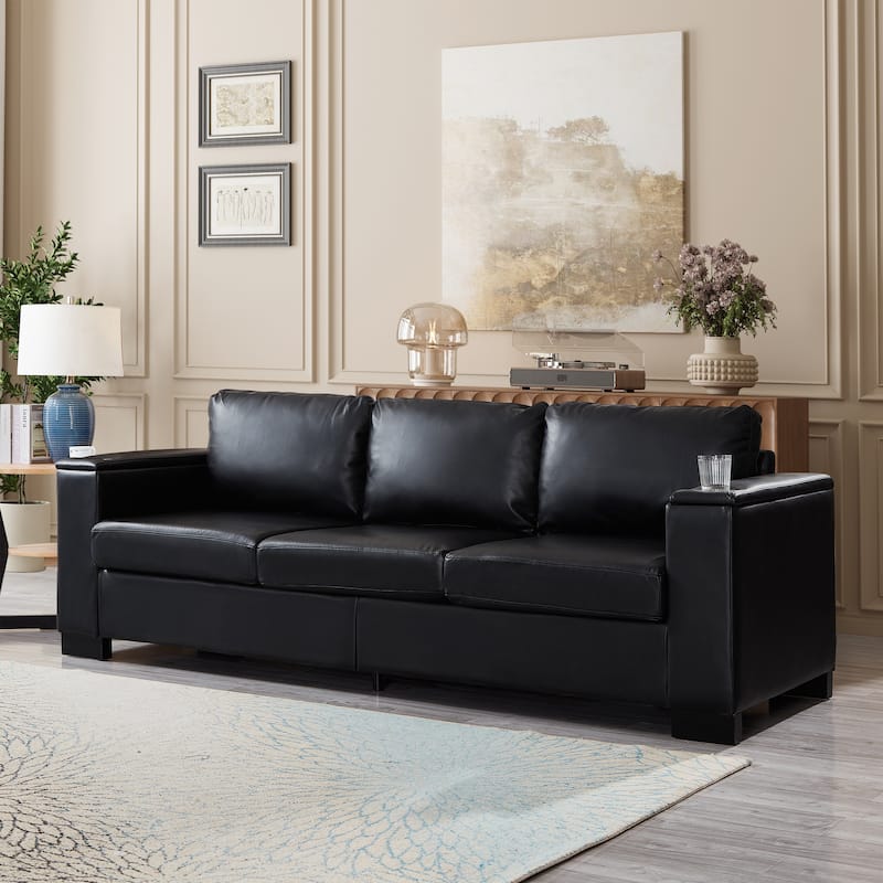 Faux Leather Upholstered Loveseat, Oversized 3 Seater Sofa with Square Arms, Deep Seat Sofa with Cup Holder & Storage - Black
