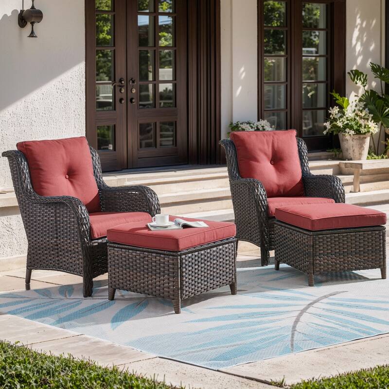 Outdoor Arm Chair with Cushion Rattan Chair - Brown Rattan - Red Cushion - 4PCS - Patio Chair w/ Ottoman