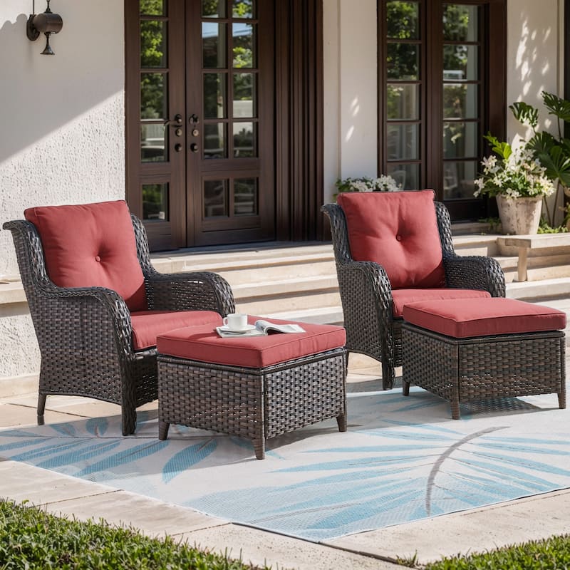 Pocassy Outdoor Patio Chairs Ottoman Table with 4 Inch Cushion - 4 Pieces Patio Chair w/ Ottoman - Brown Rattan Red Cushion