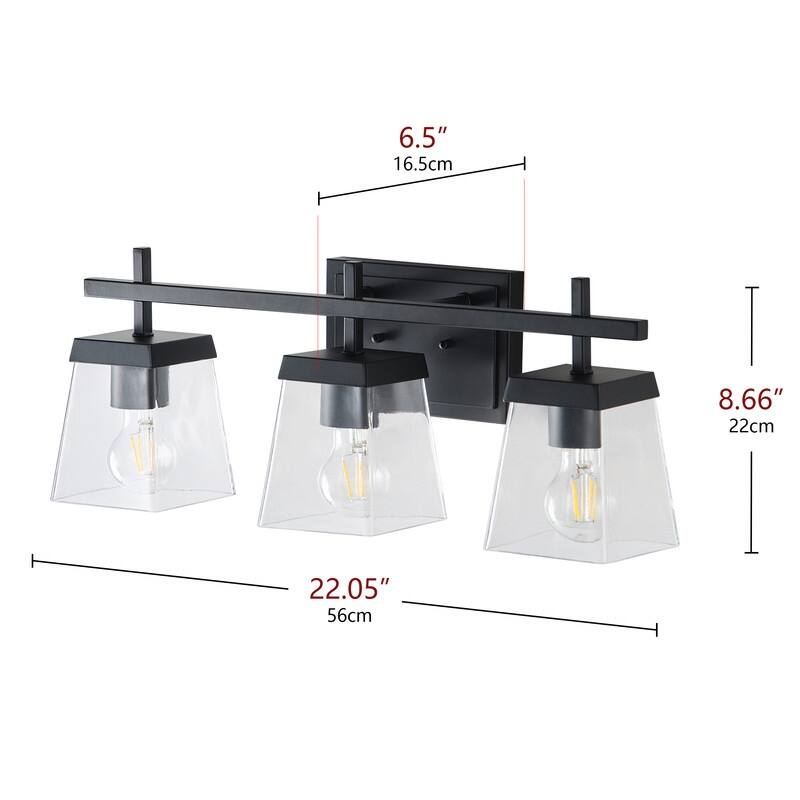 Industrial 3-Light Matte Black Vanity Light with Clear Glass Shades for Bathroom