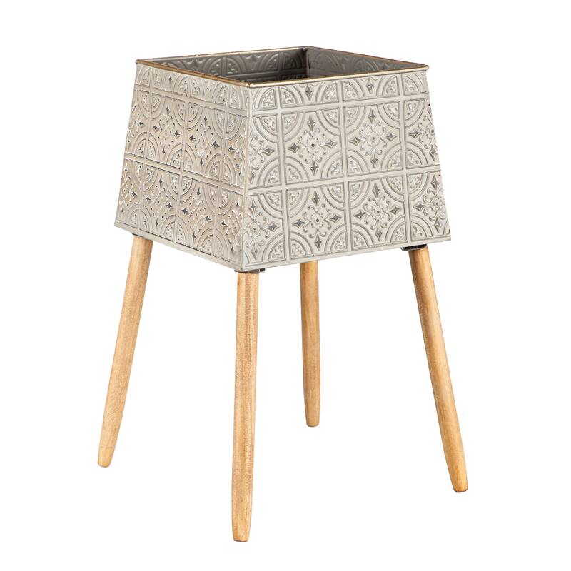 Stamped Metal Geometric Planter with Wooden Legs (Set of 2)