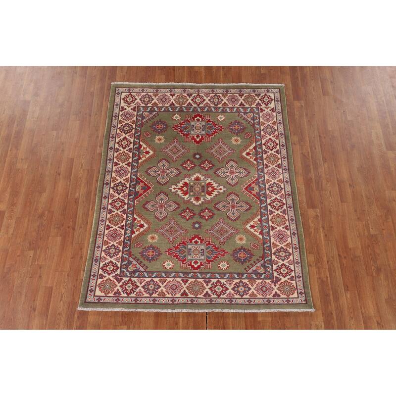 Green Kazak Area Rug Handmade Oriental Wool Carpet - 4'10" x 6'3"