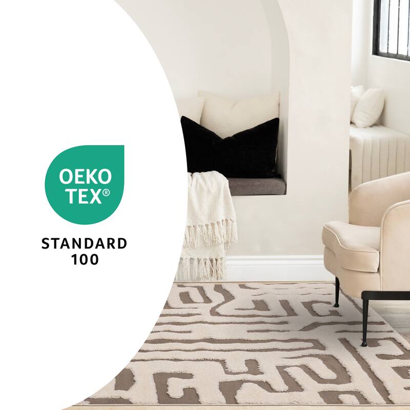 Cream Taupe Abstract Morroccan Super-Soft High-Low Textured Rug