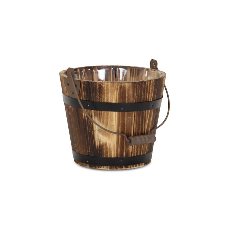 HomeRoots Brown Wood 100 Ounce Round Distressed Bucket Planter - 6.75 in. x 5.75 in. x 6.75 in.