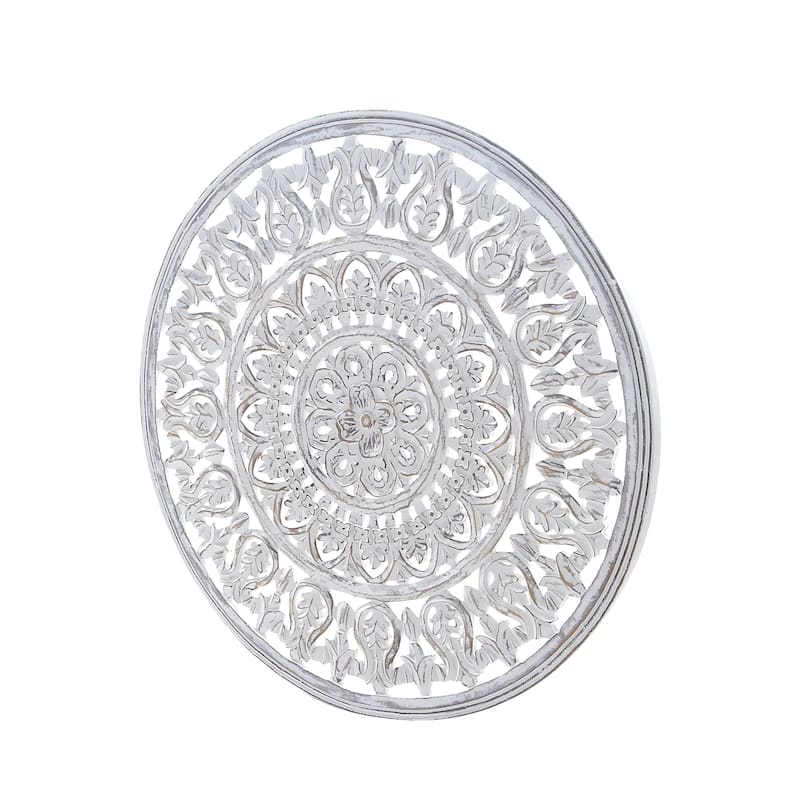 Wood Floral Handmade Intricately Carved Wall Decor with Mandala Design - White - Roche River Decor