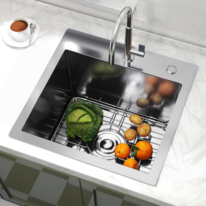 33 Inch Drop In Kitchen Sink Top mount Stainless Steel Black Sink w/Sink Protector Single Bowl Drop-in Sink for Workstation