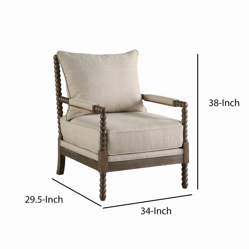 Cushioned Back Fabric Upholstered Spindle Accent Chair, Beige and Brown - N/A