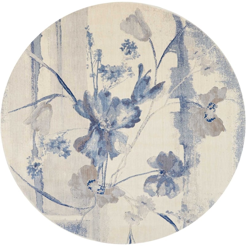 Nourison Somerset Vintage Watercolor Floral Pattern Area Rug - 7'9" Round - Ivory/Blue - Runner/Round