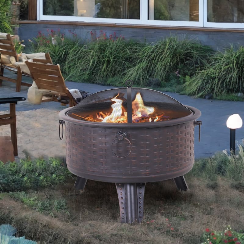 30-Inch Wood-Burning Steel Fire Pits, Round Steel Firepit for Patio Backyard Garden Outdoor Heating with Spark Screen, Poker