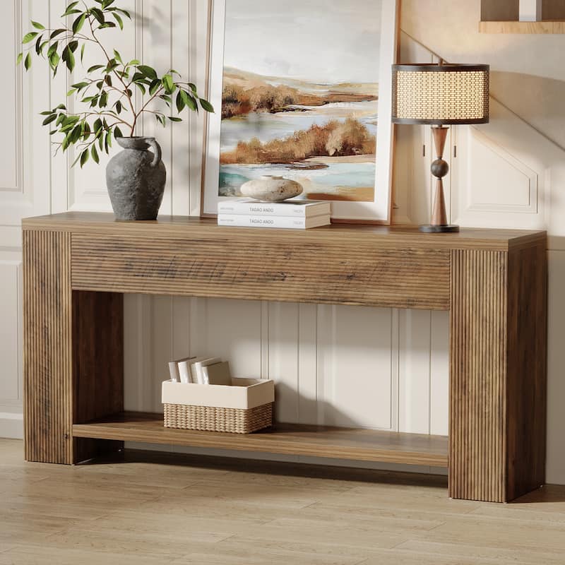 70.9-Inch Long Farmhouse Wooden Console Table wiht 2-tier Storage - 11.8" D x 70.86" W x 33.4" H - Brown
