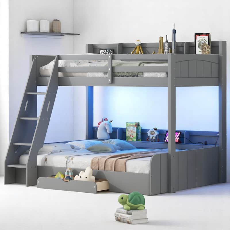 Modern Twin Over Full Bunk Bed with Storage, LED Lighting, USB & Plug Outlets, Drawer, and Guardrails
