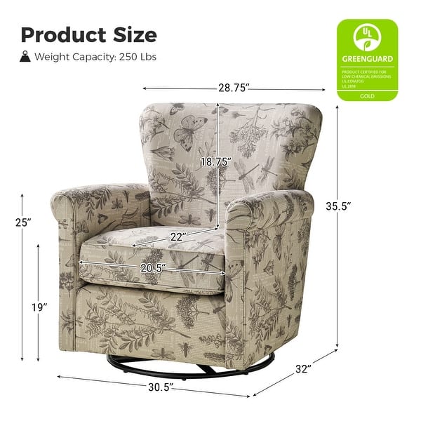dimension image slide 2 of 6, HULALA HOME Georg Transitional Floral Fabric Swivel Rocker Chair with Removable Backrest and Rolled Armrest Set of 2