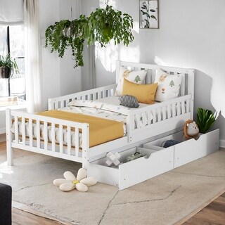 Wood Platform Bed with 3 Guardrails and 2 Drawers