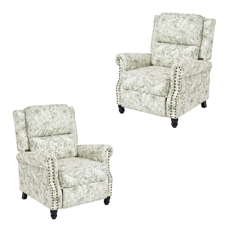 2 Set Nail-head Padded Seat Pushback Recliner Chair - Rococo Green Linen