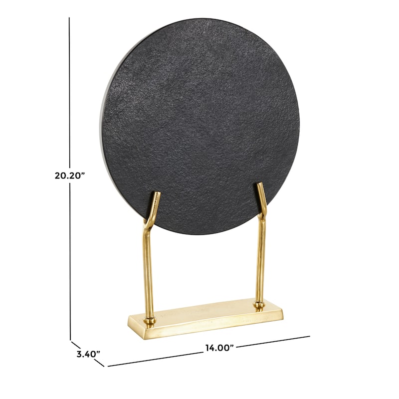 Black Marble Textured Disk Abstract Sculpture with Silver or Gold Stand