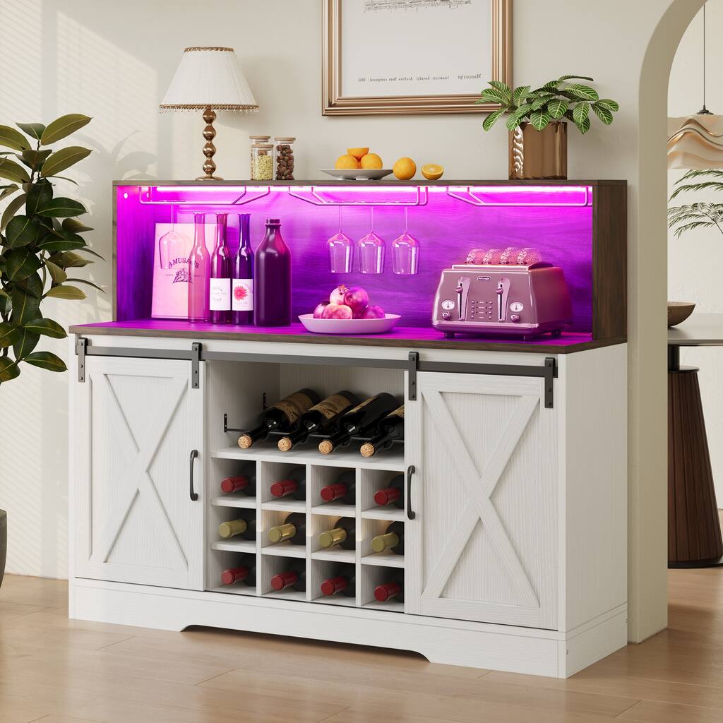 Moasis Farmhouse 55" Coffee Bar Cabinet w/Power Outlets and LED Lights Sideboard Buffet w/Sliding Barn Door