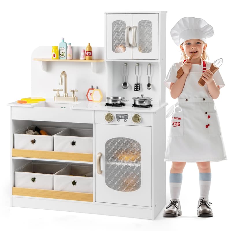 Gymax Kids Kitchen Playset Toy Play Kitchen w/ 4 Fabric Drawers Stoves - White